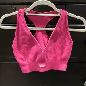 Bo+Tee Be The Best Ribbed Plunge Neck Sports Bra, Hot Pink (S)